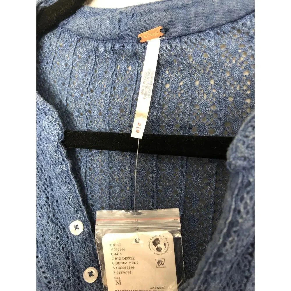 Free People Big Dipper Mini Dress Ruffle Long Sleeve Blue Women's Medium NEW